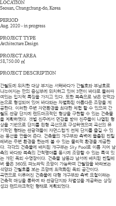 LOCATION Seosan, Chungchung-do, Korea PERIOD Aug. 2020 - in progress PROJECT TYPE Architecture Design PROJECT AREA 58,750.00 ㎡ PROJECT DESCRIPTION 간월도에 위치한 대상 부지는 서해바다가 간월호와 부남호로 나누어지는 만의 중심부에 위치하고 있어 3면이 바다로 둘러싸여있는 입지적 특징을 가지고 있다. 또한 북측으로 낮은 언덕과 논으로 형성되어 있어 바다와는 차별화된 아름다운 조망을 제공한다. 이러한 주변 자연환경을 최대한 체험 할 수 있으며 간월도 관광 단지에 랜드마크적인 형상을 구현할 수 있는 건축물을 계획하였다. 갯벌 진주에서 연감을 받아 진주들이 나열된 형상을 기반으로 단지를 원형 곡선으로 구성하였으며 곡선의 유기적인 형태는 관광객들이 자연스럽게 전체 단지를 즐길 수 있는 동선을 만들어 준다. 건축물의 개구부와 측벽에 돌출된 켄틸레버는 주변 환경을 한눈에 볼 수 있는 물리적 환경을 제공한다. 각각의 건축물에 배치된 개구부는 Sky Pool로 이름 지어 남측의 바다와 북측의 간척평야를 동시에 조망할 수 있는 특색 있는 개인 옥외 수영장이다. 건축물 남동과 남서에 배치된 켄틸레버 풀은 360도 파노라믹 조망이 가능하며 간월암을 바라보는 석양과 간월호를 보는 조망에 최적화된 옥외 공간이다. 곡면으로 이루어진 건축물에 대형 개구부와 측벽 요철이라는 건축적 매싱을 통하여 타 관광단지와 차별성을 제공하는 상징성과 랜드마크적인 형태로 계획되었다. 